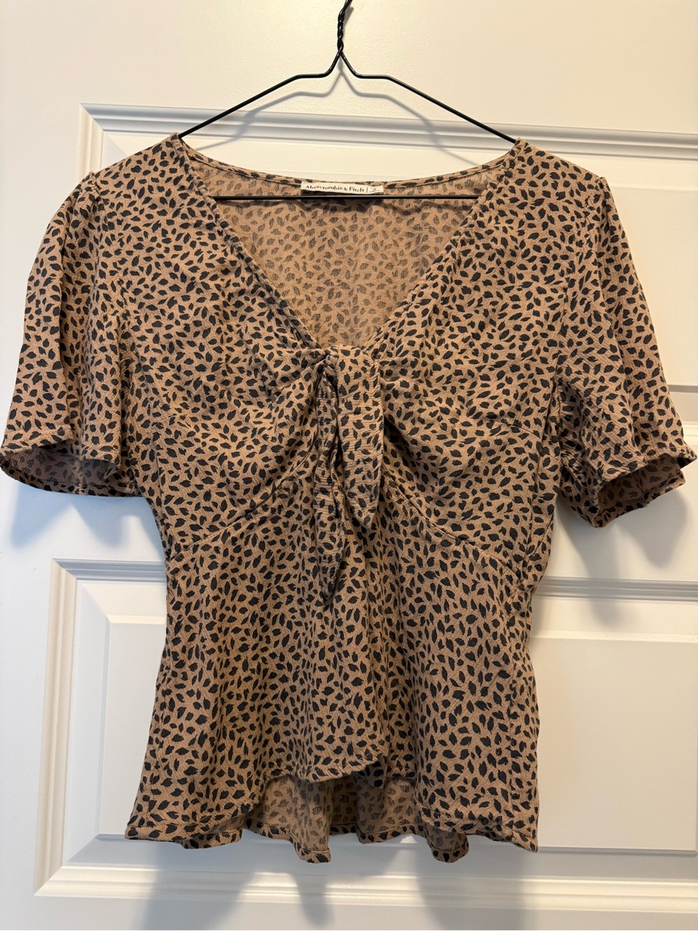 Abercrombie & Fitch Tan and Black Leopard-Print Tie-Front Blouse